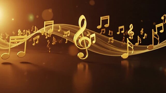Golden music notes and treble clef on dark bokeh background