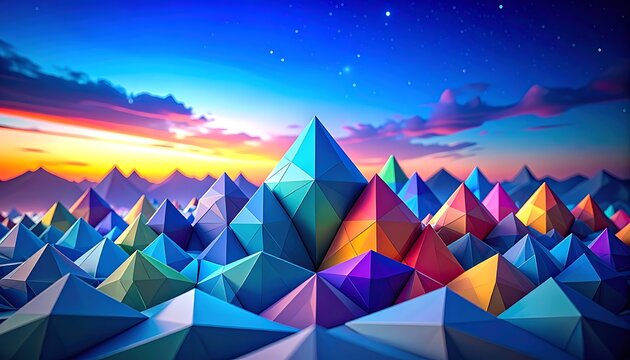 Geometric crystalline mountains with vibrant facets under a breathtaking sunset sky, abstract landscape concept, digital art