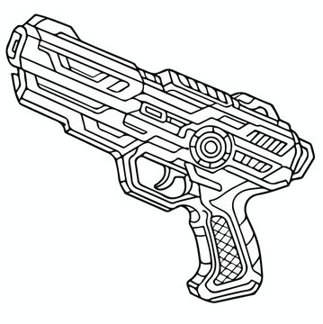 Detailed black and white line art drawing of a futuristic space blaster pistol designed for a science fiction game concept
