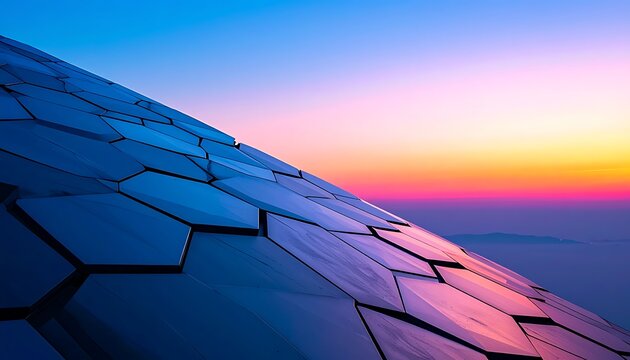 Geometric modern architecture facade reflecting vibrant sunset colors, abstract futuristic design, digital technology background, clean lines and sharp angles