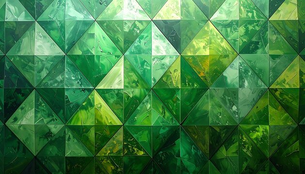 geometric mosaic pattern with emerald green and yellow hues, abstract textured background, digital art with a glossy finish