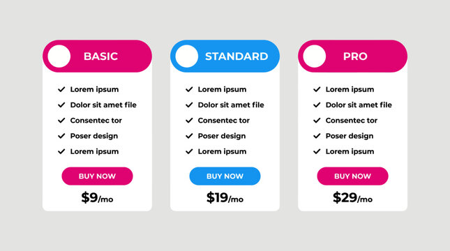 Pricing table with three plans basic standard and pro options.
