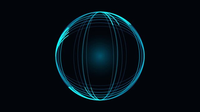 Abstract glowing blue lines form a spherical shape with radiating light against a dark background, suggesting motion and data.