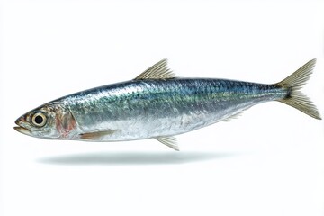 Fototapeta premium Single Sardine Fish with Silvery Blue Coloration Large Eye Forked Tail on White Background Biological Study Stock Photography