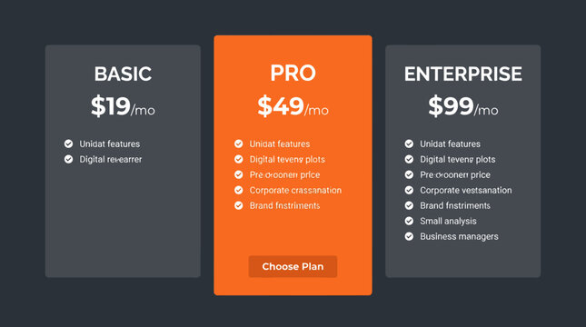 Three different pricing plans for web services or software subscriptions.