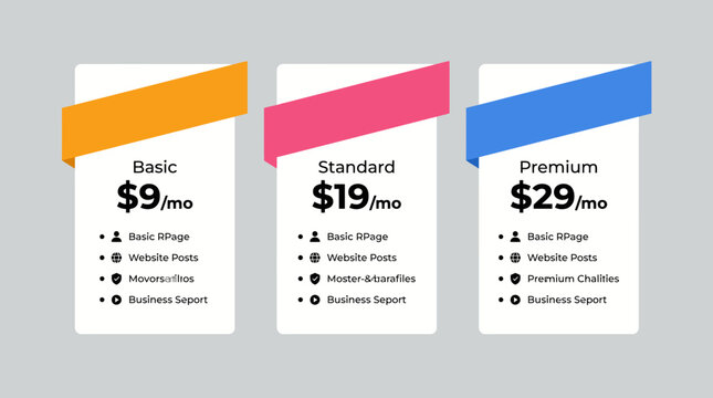Three different pricing plans for subscription services.