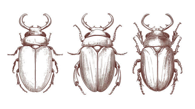 Three detailed illustrations of beetles, showcasing their anatomy, textures and varying horn sizes