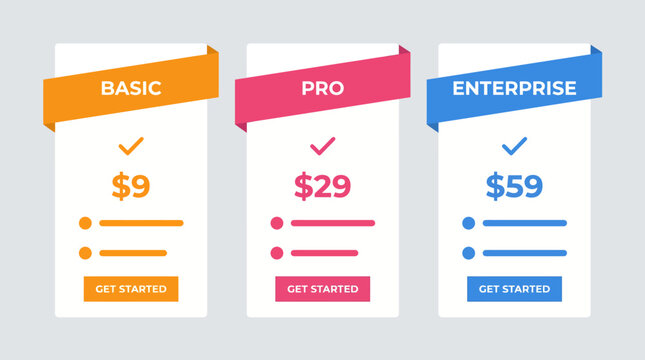 Three pricing plan cards for basic pro and enterprise services.