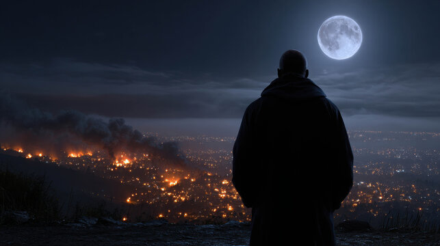 A person overlooking the city engulfed in flames under a night sky with the full moon