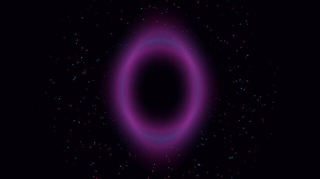 This motion graphic features a swirling purple ring around a black void, with scattered glowing particles, suggesting a cosmic or abstract event.