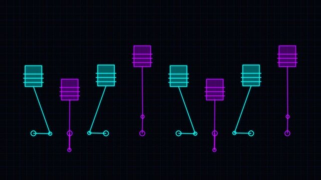 This abstract motion graphic features a repeating pattern of stylized neon microphones in cyan and magenta on a dark grid background.