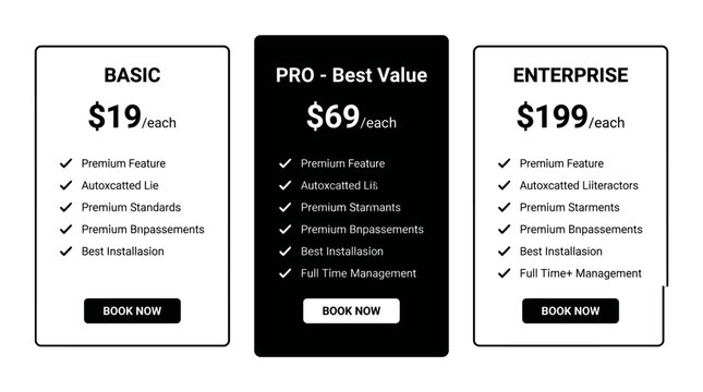 Three pricing plans for software or service subscription with different features and costs.