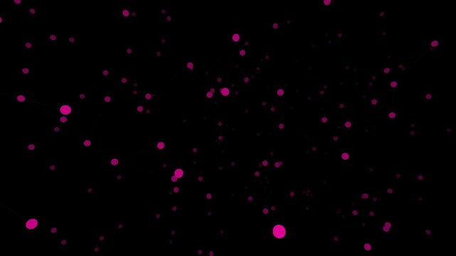 This abstract motion graphic features pulsating pink spheres connected by subtle lines against a dark background.