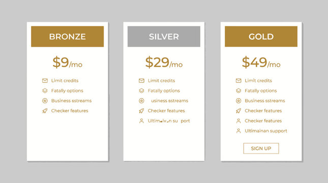Three pricing plans for subscription services bronze silver and gold.