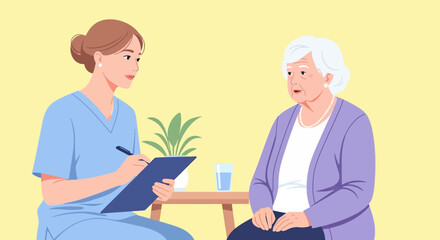 Obraz premium Nurse talking to elderly woman patient, taking notes, healthcare consultation