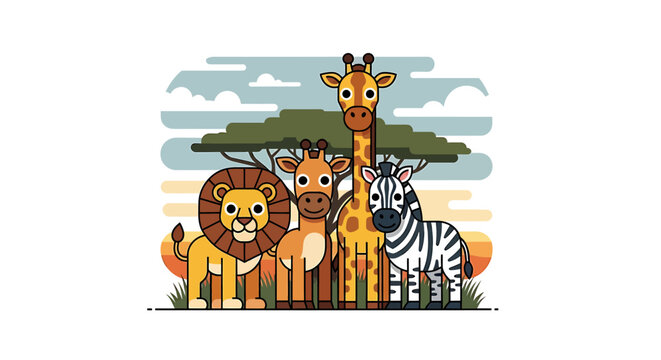 Cute cartoon safari animals standing together illustration.