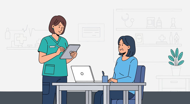 Nurse consulting patient in clinic office with laptop and medical equipment
