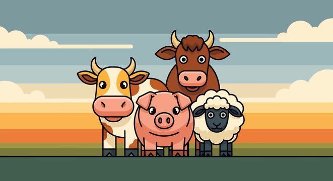 Farm Animals Cartoon Style Group Portrait.