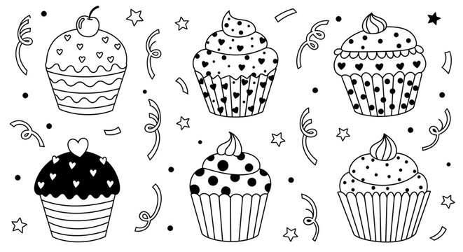 Hand Drawn Cupcakes With Frosting And Sprinkles Collection.