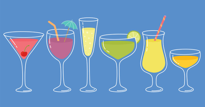 Illustration of cocktail glasses with colorful drinks. Party beverages with cherry, umbrella, straw, lime slice isolated on blue background