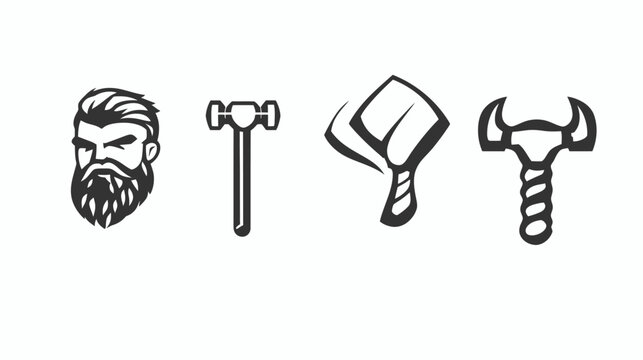 Graphic with a man's face, a hammer, a shovel, and a weapon icon