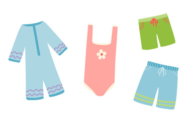 Swimsuit vector set of kids beach clothes in hand-drawn naive style. Children swimwear collection, trunks and rash guard for summer vacation designs. Minimalist stylish childish doodle. © Olena Yevsikova