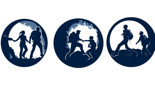 Silhouetted figures in circular frames depicting hikers, teamwork, and adventure