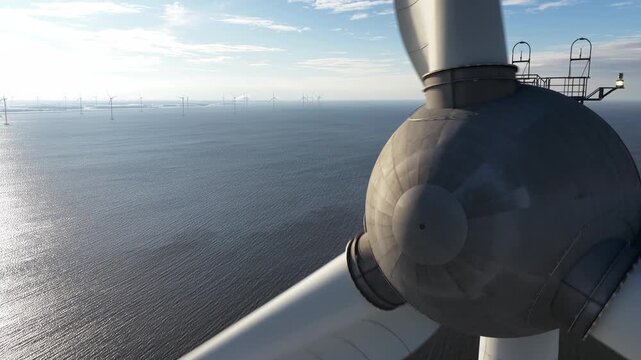 Close up aerial view of wind turbine blades rotating offshore