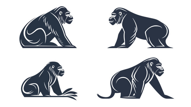 Four stylized illustrations of gorillas in various poses, with a minimalist, monochromatic aesthetic