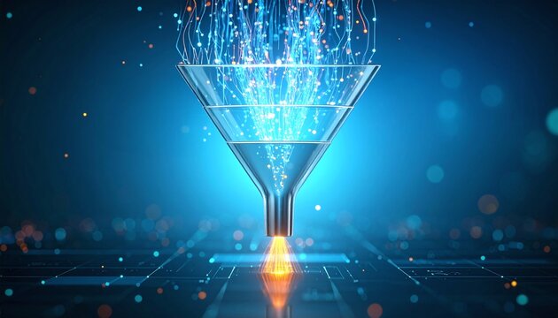 Hightech digital funnel conceptualizing data processing and sales conversion. Glowing particles flow through a glass filter, representing business growth and modern marketing analysis.
