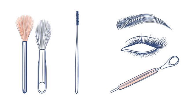 Stylized illustration of makeup tools brushes, mascara wand, eye with lashes and eyebrow, and a tool