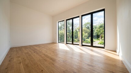 Fototapeta premium Empty modern room interior featuring large black bifold glass doors opening towards a lush green private garden backyard area