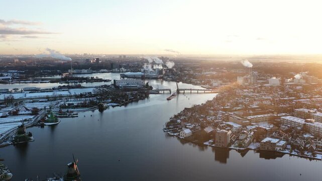 Aerial Sunset View of Historic Windmills at Zaanse Schans Netherlands