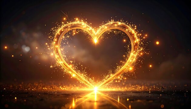Glow heart shape made of sparkling golden fireworks and bokeh lights, romantic celebration, love symbol, abstract background