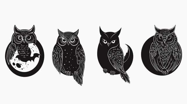 Four stylized owl illustrations in black and white, featuring varying poses and designs