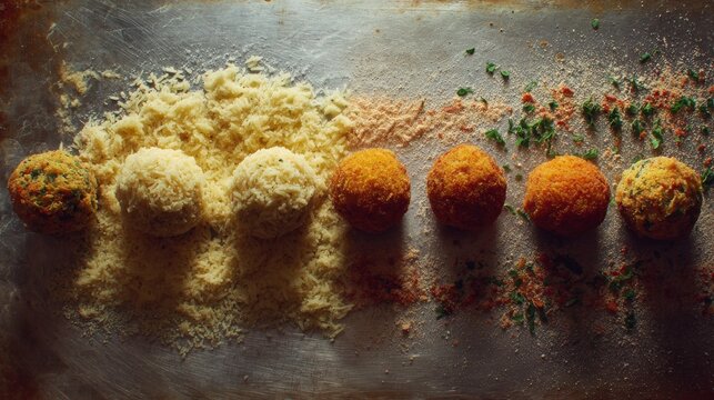 Array of coated spheres on metal, progression from raw to fried with breading, herbs, and spices, overhead shot