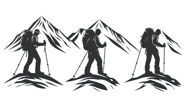 Silhouetted figures of three hikers with backpacks and poles, ascending rocky terrain near mountains