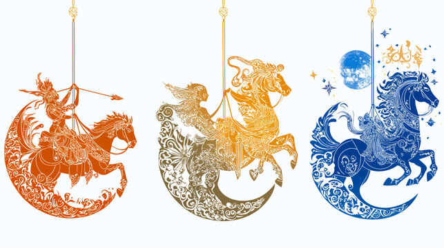Three stylized carousel horses with riders, ornate details, and celestial elements
