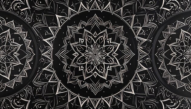 Intricate mandala pattern with sparkling gold and black geometric details, ornamental spiritual design, meditative backdrop, artistic symmetry