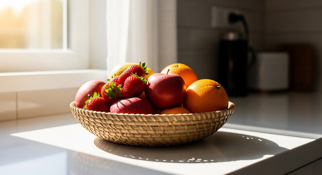 Basket of fresh spring fruits in kitchen