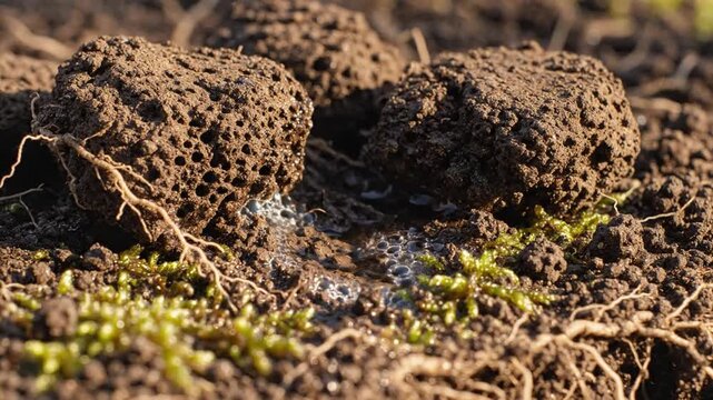 Water pouring onto a clod of dirt with roots and green moss growing