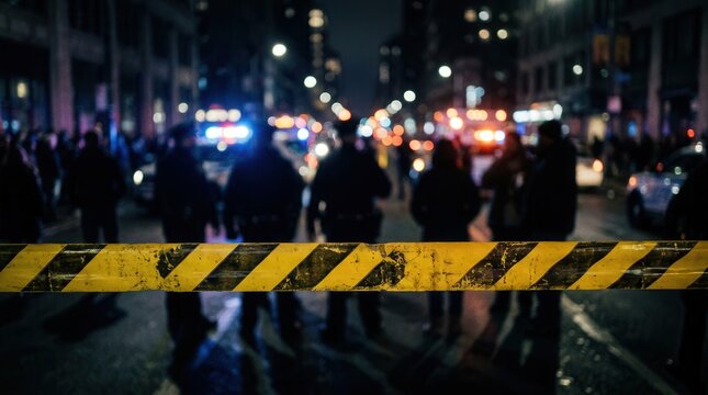 Yellow striped crime scene tape cordons off a mysterious night scene with people standing behind it.