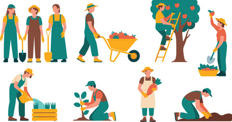 Fototapeta premium Colorful Flat Style Farmer and Gardener Activity Scene Set with Men and Women Working in Garden for Agriculture Design Elements