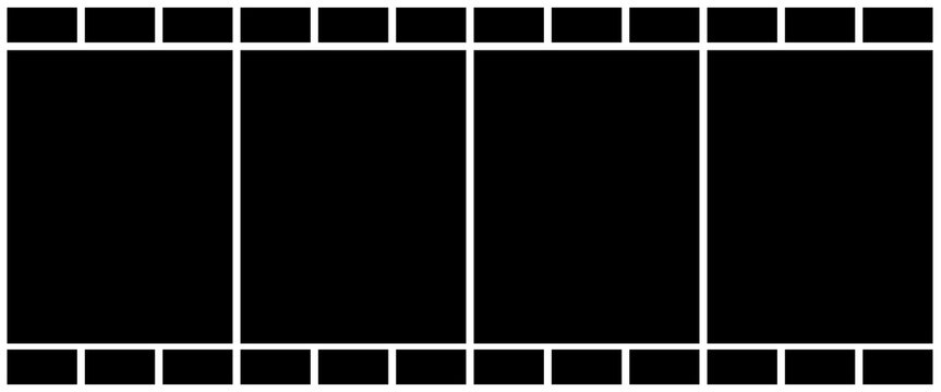 Classic black film strip frame template with four frames and white borders, isolated on a clean white background.