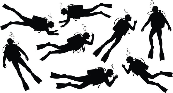 Black Silhouette Scuba Diver Underwater Action Pose Set with Different Swimming Positions for Ocean and Water Sport Design Elements