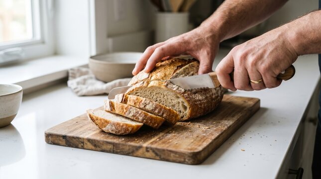 Man slicing rustic sourdough bread on wooden cutting board in home kitchen. Homemade loaf being cut with serrated knife. Traditional healthy breakfast prep and bakery food concept.