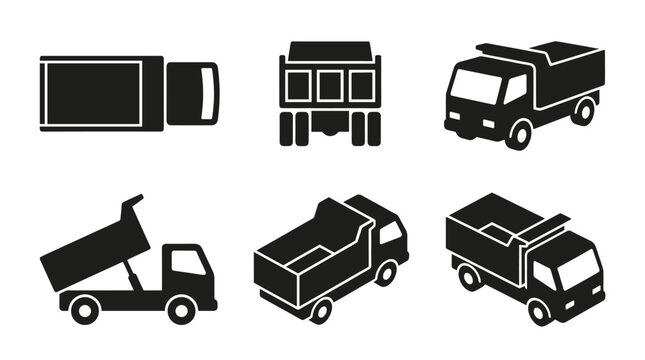 Dump Truck Icon Set in Minimal Black Silhouette Style
