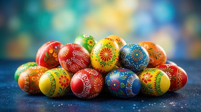 Vibrant decorated easter eggs with traditional designs on a blue background.