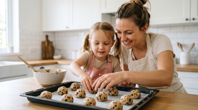 Woman and female child baking chocolate chip cookie on tray in kitchen. Mother and daughter preparing homemade food. Concept of family lifestyle, cooking together and domestic activity.
