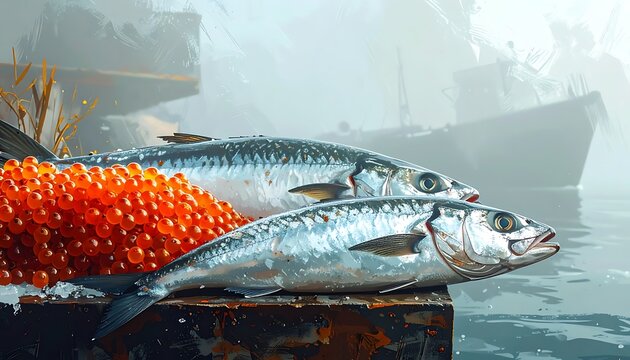Freshly caught herring and vibrant red caviar displayed outdoors, with blurred boats and misty water in the background, evoking a rustic, maritime food theme